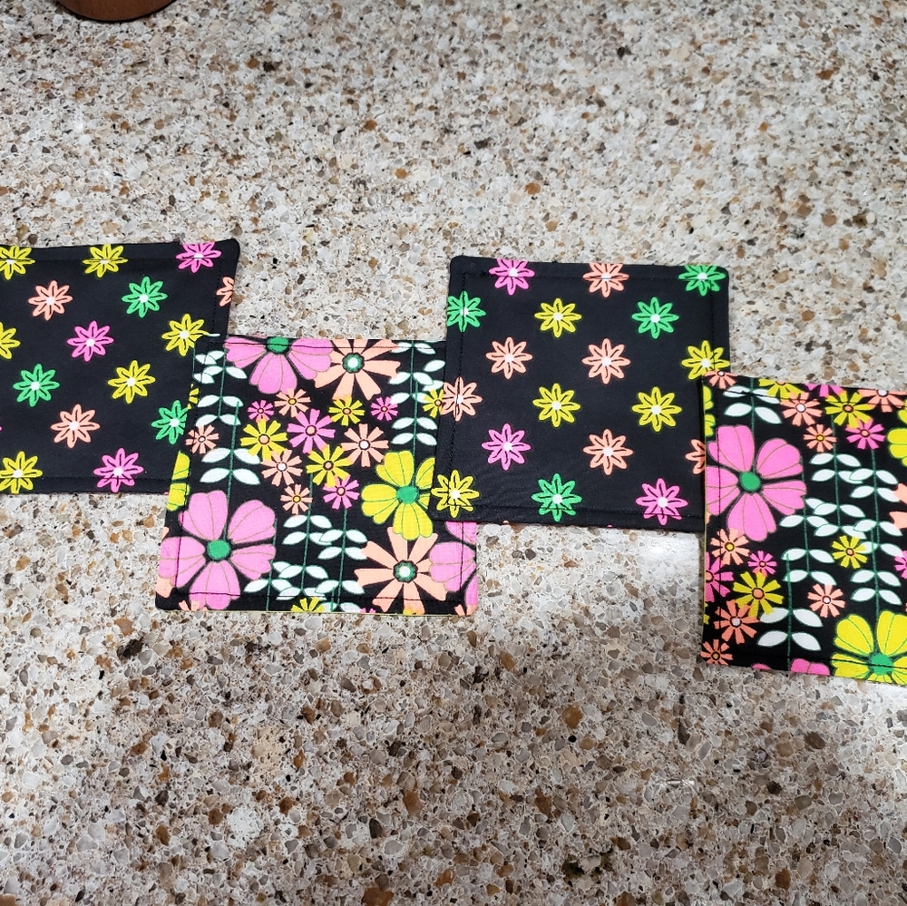 Coasters set of 4 neon flowers black pink green yellow handmade